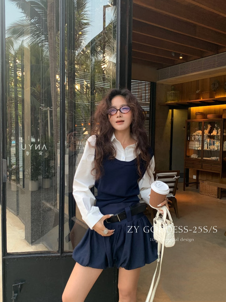 Korean Girl Style Pleated Flower Bud Short Skirt Female Summer New High Waist Anti-Exposure Loose Casual Puffy Skirt (Navy Blue)