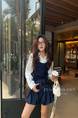 Korean Girl Style Pleated Flower Bud Short Skirt Female Summer New High Waist Anti-Exposure Loose Casual Puffy Skirt (Navy Blue)