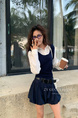 Korean Girl Style Pleated Flower Bud Short Skirt Female Summer New High Waist Anti-Exposure Loose Casual Puffy Skirt (Navy Blue)