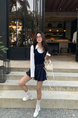 Korean Girl Style Pleated Flower Bud Short Skirt Female Summer New High Waist Anti-Exposure Loose Casual Puffy Skirt (Navy Blue)