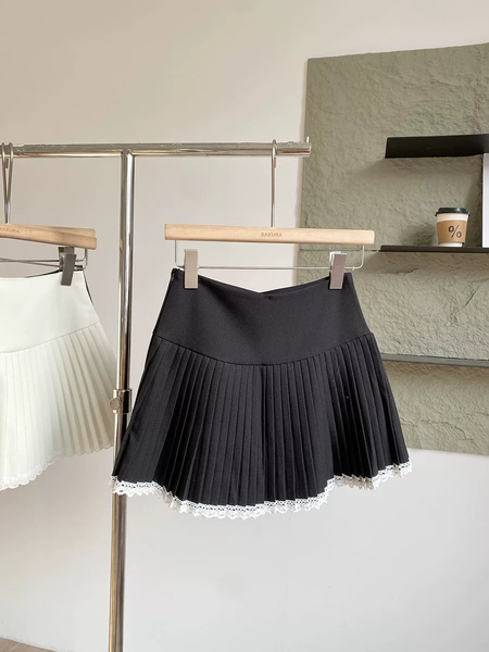 Summer New Korean Lace Pleated Skirt High Waist Slim All-Match Anti-Exposure College Style Short Skirt (Black)