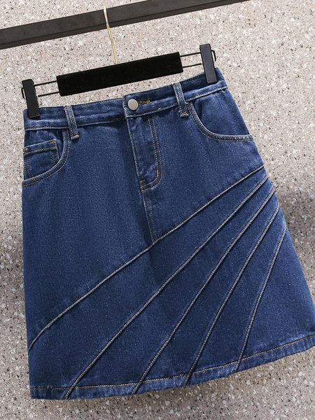 Real Shot Spot Denim Skirt Stitching Skirt A-Line One-Step Skirt (Dark Blue)