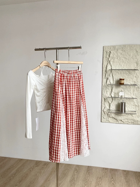 Summer New Design Niche Red and White Lace Splicing Plaid Mid-Length Skirt Temperament Versatile Slim A-Line Skirt for Women