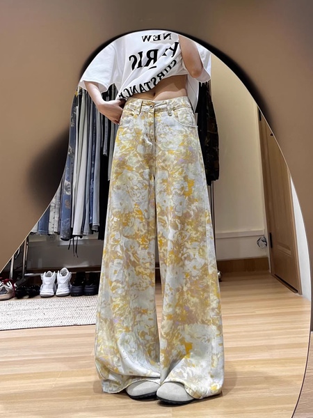High Waist Hot Girl Pattern Jeans for Women 2025 Summer Thin Casual Versatile Loose Slim Washed Wide Leg Pants in Yellow Floral