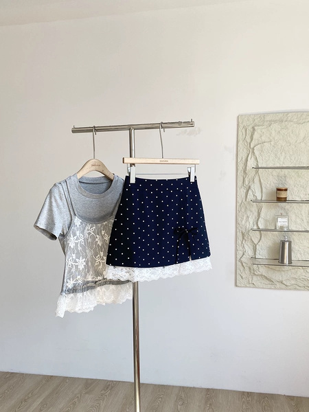 Summer New Korean Style Polka Dot Lace Splicing Short Skirt in Navy
