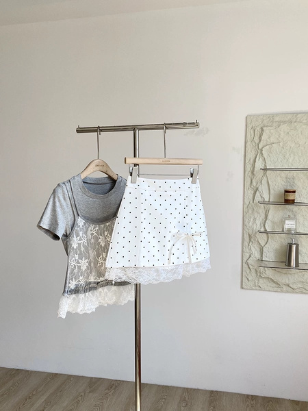 Summer New Korean Style Polka Dot Lace Splicing Short Skirt in White