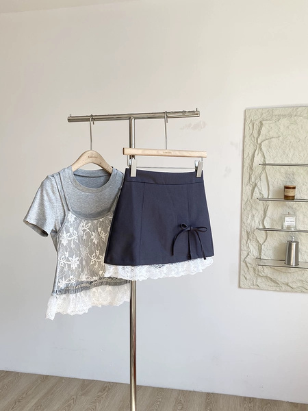 Summer New Korean Style Polka Dot Lace Splicing Short Skirt in Dark Navy