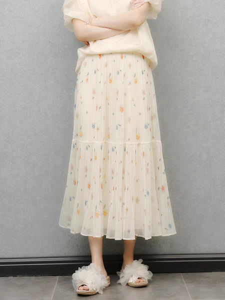 Fu Literary Temperament Printed Fairy Mesh Skirt in Cream