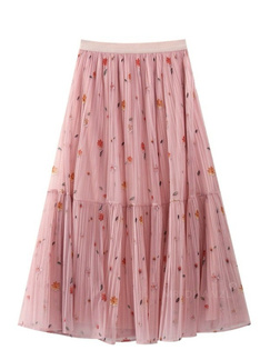 Fu Literary Temperament Printed Fairy Mesh Skirt in Pink