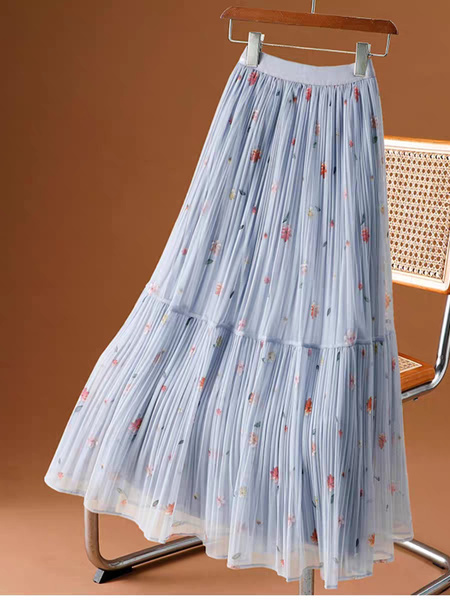 Fu Literary Temperament Printed Fairy Mesh Skirt in Light Blue