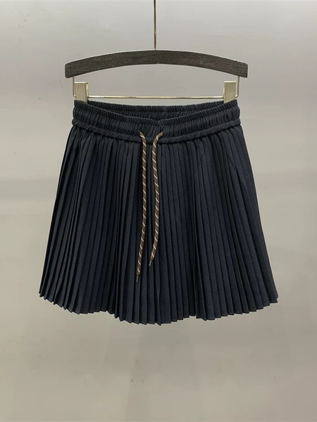 Korean Style Drawstring Elastic Waist Pleated Skirt in Dark Gray