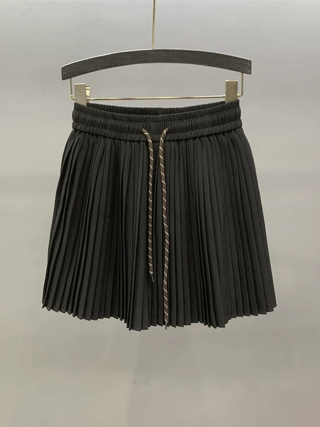 Korean Style Drawstring Elastic Waist Pleated Skirt in Dark Gray