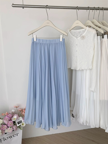 Spot Sky Blue Pleated Chiffon Skirt - Holiday Style Elegant Drape Large Swing Umbrella Skirt, Pleated A-Line, Length 97 cm