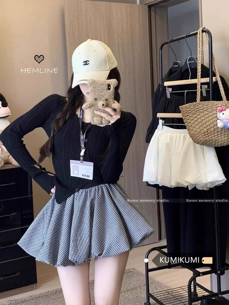 In Stock Black and White Checkered Bud Skirt - Women's 2025 Summer New High Waist Slimming Small A-Line Bubble Skirt
