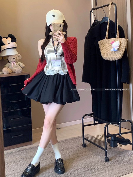 In Stock Black Bud Skirt - Women's 2025 Summer New High Waist Slimming Small A-Line Bubble Skirt