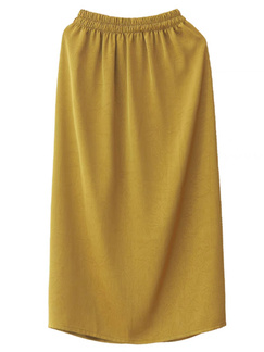 Xiaoer Retro Gallery Imitation Acetate Wrinkled Satin Elastic Waist Straight Textured Skirt for Women - Mustard Yellow