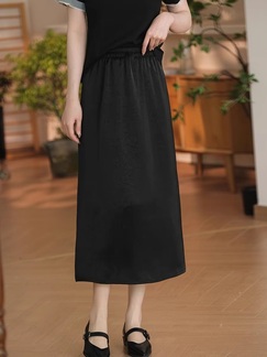 Xiaoer Retro Gallery Imitation Acetate Wrinkled Satin Elastic Waist Straight Textured Skirt for Women - Black