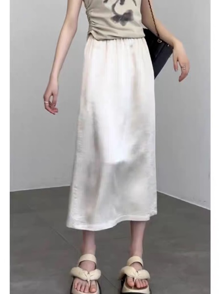 Xiaoer Retro Gallery Imitation Acetate Wrinkled Satin Elastic Waist Straight Textured Skirt for Women - Ivory