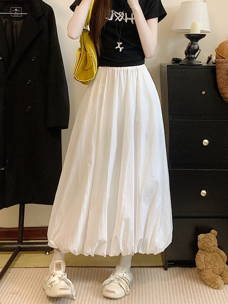 Plus Size in Stock Summer New Design Sense Solid Color Bubble Skirt Long Dress A-line High Waist Slimming Skirt All-Matching Women - White
