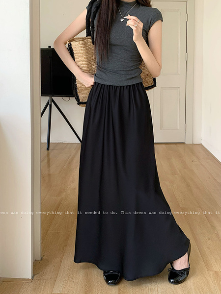 Real Shot Cost-Effective 2025 New Korean Style Black Satin Skirt Drooping Slimming A-Line Skirt Versatile Mid-Length Temperament Skirt Women