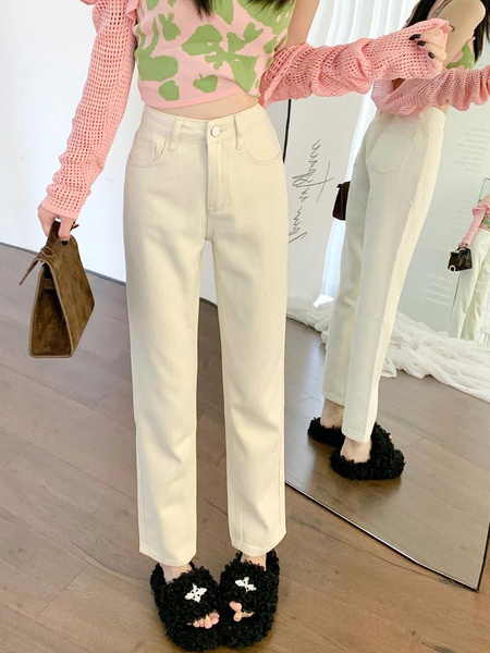 Real Shot in Stock Plus Size Plump Girls New Korean Style High Waist Cropped Casual Jeans Women's Loose Wide-Leg Straight Pants in Cream