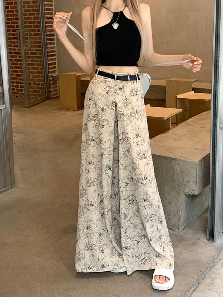 Real Shot Cost-Effective 2025 New Korean Style Floral Wide-Leg Pants in Beige Design High Waist Figure Flattering Mopping Pants Women's Belt