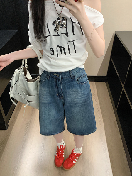 Retro Blue Washed Denim Loose Wide Leg Shorts in Blue for Women’s Summer Small High Waist All-Matching Straight Pirate Shorts