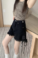 Real Shot Korean Style Summer Denim Shorts in Black Women's Slim Fit Cruciate Flower Adjustable Leisure Trend Super Short Shorts