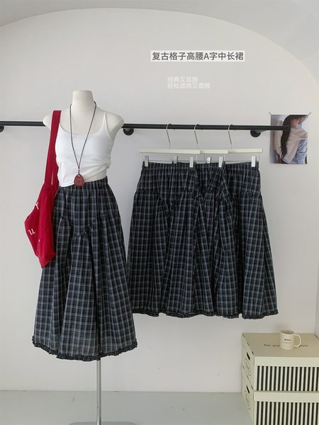 Fashion Retro Plaid Skirt in Navy Blue for Women 2025 Summer New Style High Waist Slim A-line Long Skirt