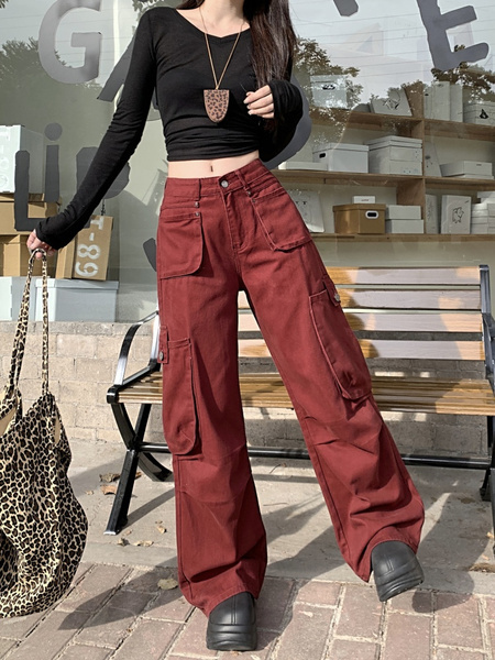 In Stock Plus Size Autumn American High Street Fried Street Ankela Red Cargo Jeans Female Autumn Piya Hot Girl Loose Red