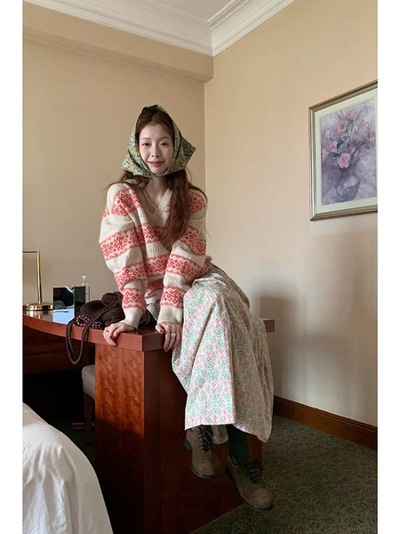 In Stock Vintage Floral Green and Pink Skirt Large Skirt Spring and Summer Korean Style Drape Elastic Waist Pleated Skirt