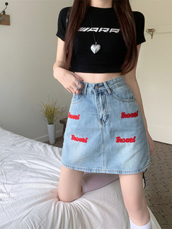 Real Shot Korean Style Sense of Design Letter Embroidery Plus Size Slimming Denim Skirt for Women A-line Hip-Wrapped Skirt Summer in Light Blue.