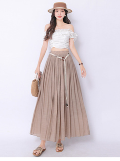 Real Shot Retro Cotton and Linen Skirt for Women 2025 Summer High Waist Slimming Drape A-line Large Hem Umbrella Skirt Pleated Dress in Beige.