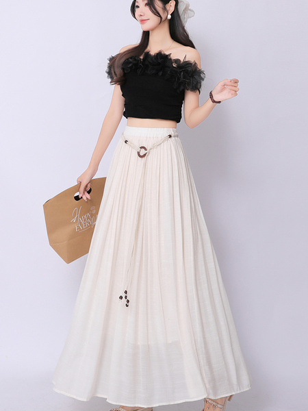 Real Shot Retro Cotton and Linen Skirt for Women 2025 Summer High Waist Slimming Drape A-line Large Hem Umbrella Skirt Pleated Dress in Ivory.