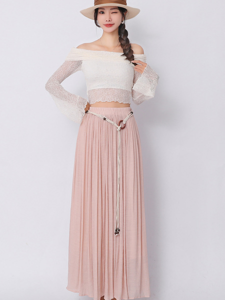 Real Shot Retro Cotton and Linen Skirt for Women 2025 Summer High Waist Slimming Drape A-line Large Hem Umbrella Skirt Pleated Dress in Pink.