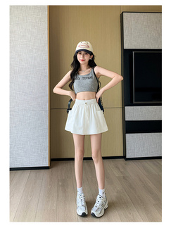 Real Shot High Waist Drawstring Design Casual Shorts for Women 2025 Summer New Style Pocket Workwear Style Slim Wide Leg Pants in White.