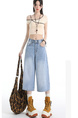 Real Shot of the Hot Summer American Retro High Waist Cropped Jeans for Women in Light Blue