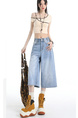 Real Shot of the Hot Summer American Retro High Waist Cropped Jeans for Women in Light Blue