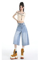 Real Shot of the Hot Summer American Retro High Waist Cropped Jeans for Women in Light Blue