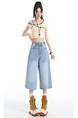 Real Shot of the Hot Summer American Retro High Waist Cropped Jeans for Women in Light Blue