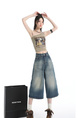 Real Shot of the Hot Summer American Retro High Waist Cropped Jeans for Women in Light Blue Wash