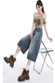 Real Shot of the Hot Summer American Retro High Waist Cropped Jeans for Women in Light Blue Wash