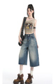 Real Shot of the Hot Summer American Retro High Waist Cropped Jeans for Women in Light Blue Wash