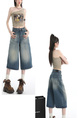 Real Shot of the Hot Summer American Retro High Waist Cropped Jeans for Women in Light Blue Wash