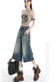Real Shot of the Hot Summer American Retro High Waist Cropped Jeans for Women in Light Blue Wash