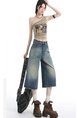 Real Shot of the Hot Summer American Retro High Waist Cropped Jeans for Women in Light Blue Wash