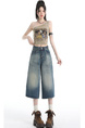 Real Shot of the Hot Summer American Retro High Waist Cropped Jeans for Women in Light Blue Wash