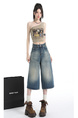 Real Shot of the Hot Summer American Retro High Waist Cropped Jeans for Women in Light Blue Wash
