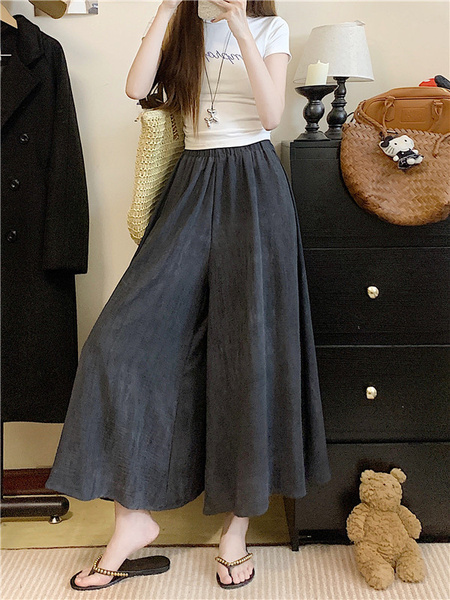 Plus Size Hot Sale Quality Tie-Dyed Ice Silk Culottes in Charcoal Gray - Women's Summer Thin Loose Wide Leg Pants Drape Casual Wide-Leg Skort