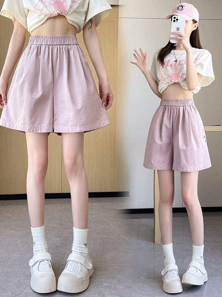 Real Shot Embroidered Button A-Line Shorts in Lavender - Women's Summer High Waist Slim Wide Leg Pants Sports Casual Versatile Elastic Waist Pants